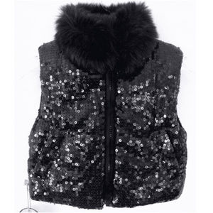 NWT Girls Puffer vest XS 2 4 Sequins Black Faux fur Zip Insulated Peace of Cake